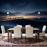 Silhouetted camels tracing sandy ridges in Starry Night Desert wall mural