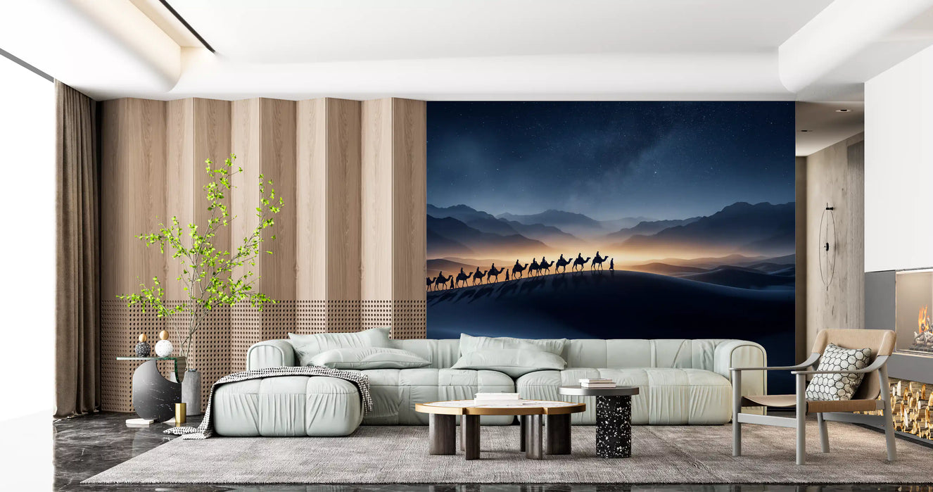 Living room featuring Desert Odyssey camel caravan wall mural under starlit sky