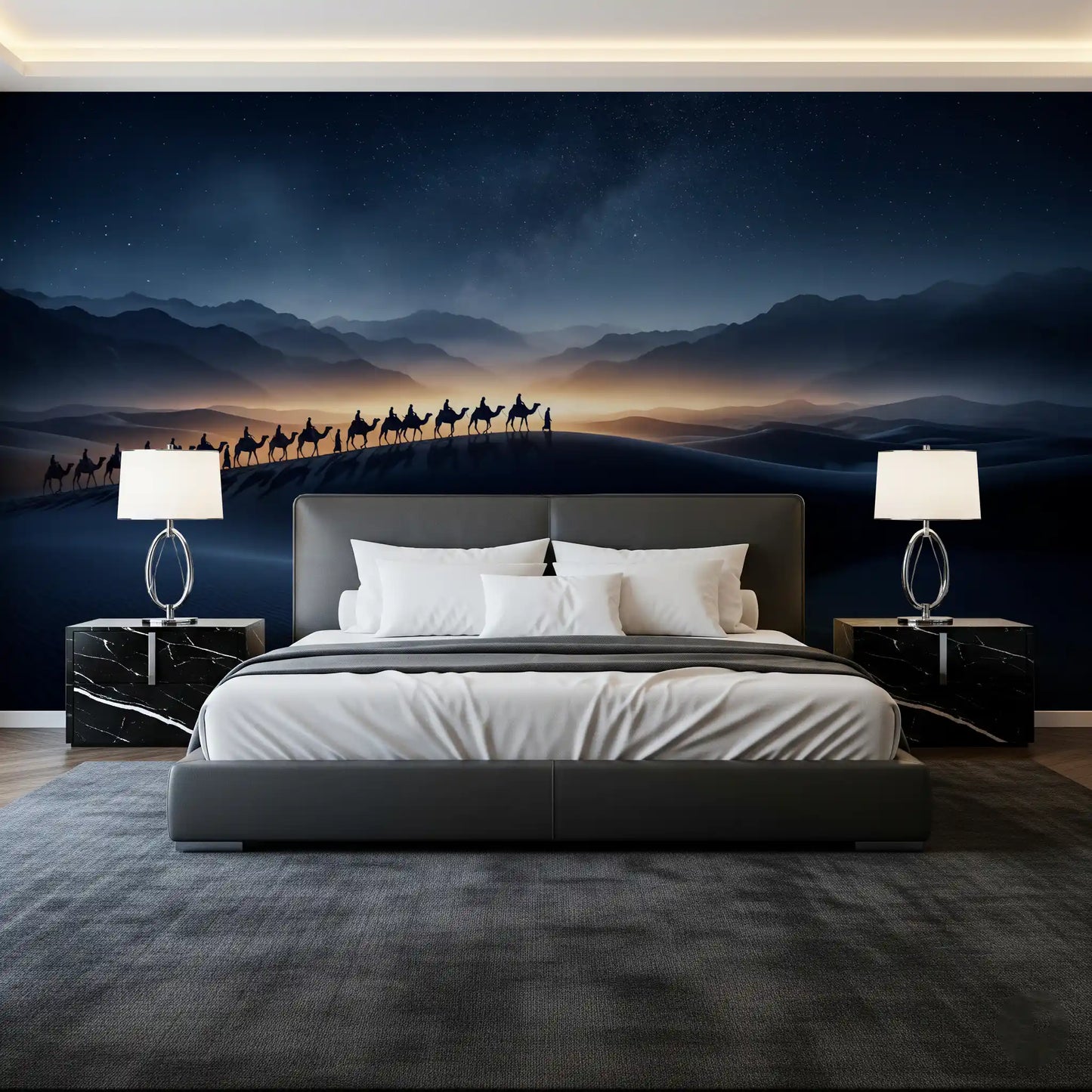 Horizon glow lighting the caravan on Desert Odyssey wall mural