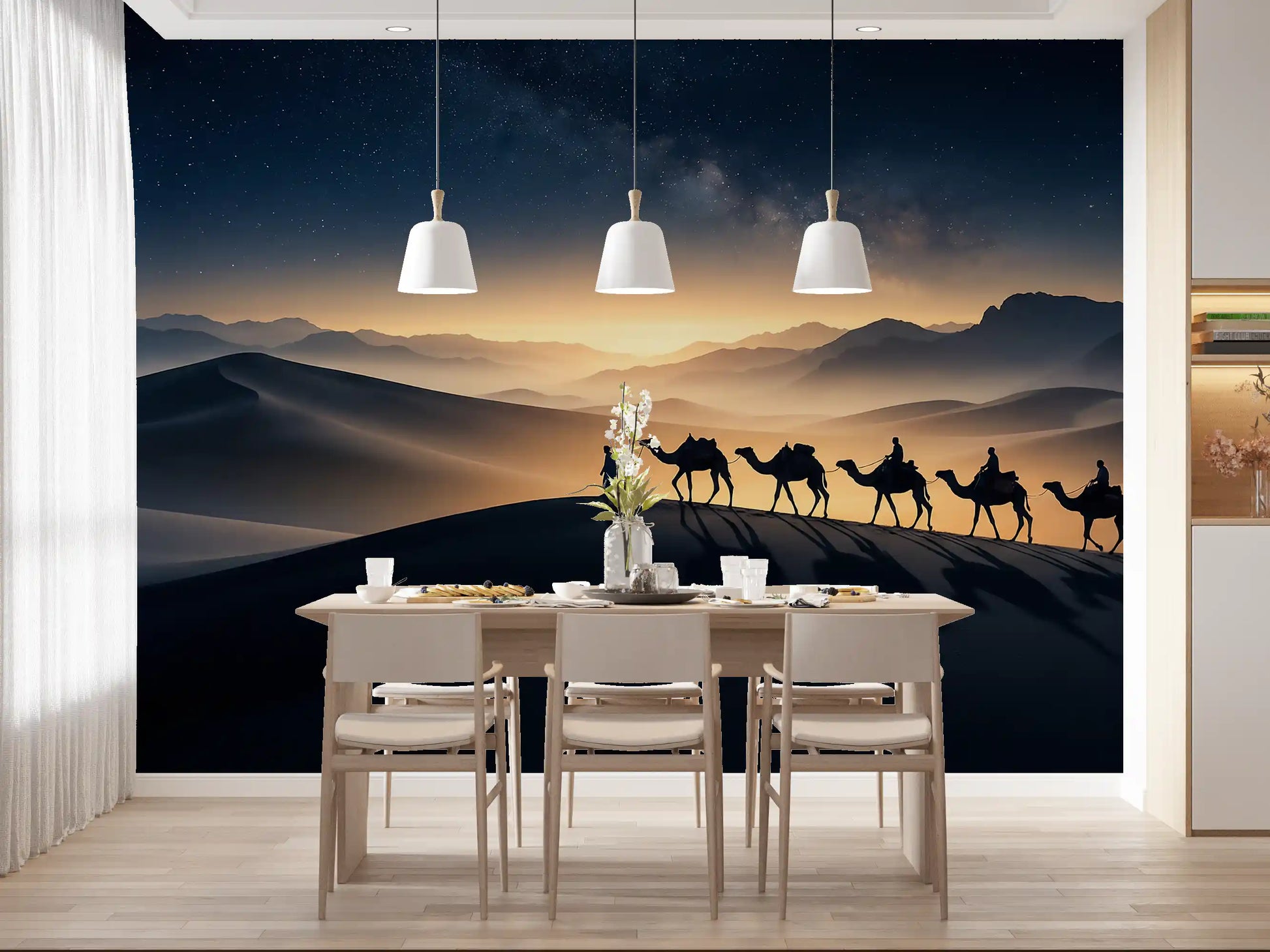 Hallway leading toward the desert trek beneath Milky Way wall mural in night tones