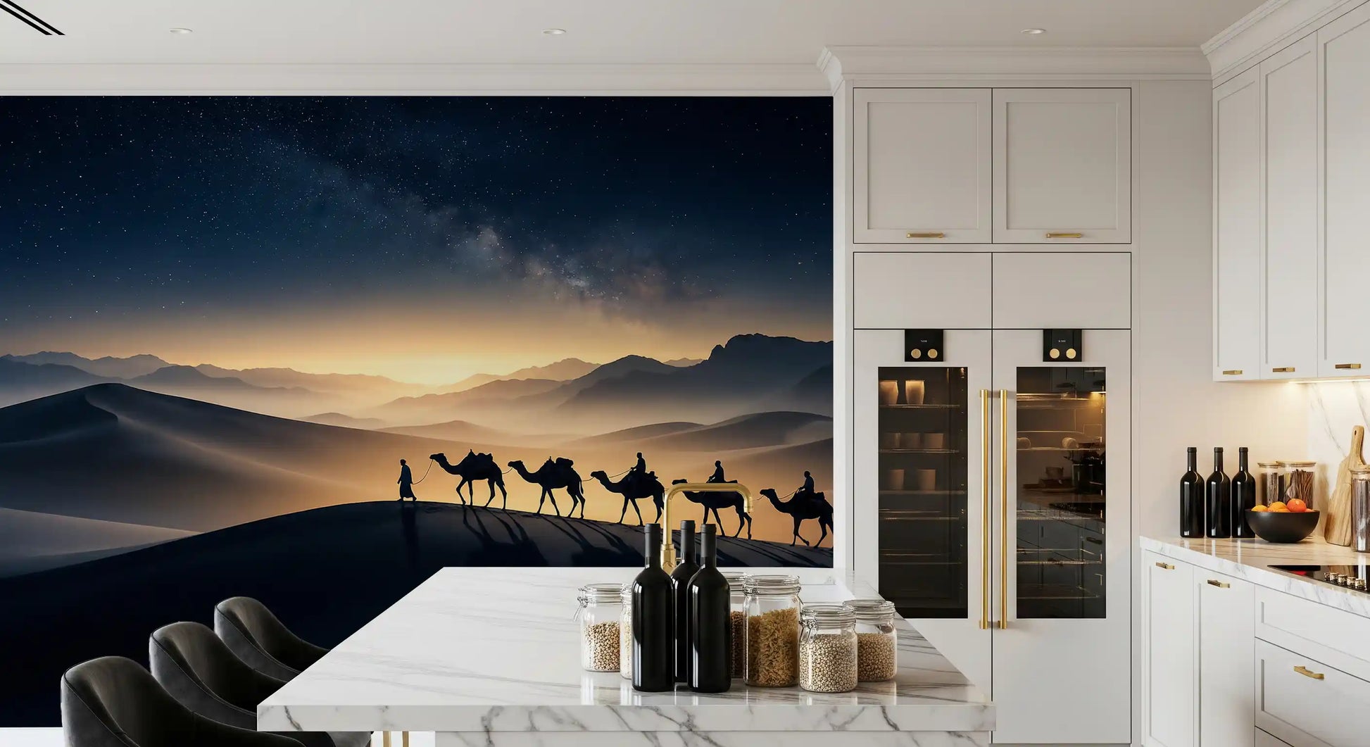 Modern dining room paired with the desert trek beneath Milky Way wall mural

