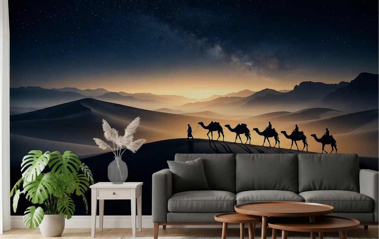 Pale living room meets the desert trek wall mural beneath a starlit sky