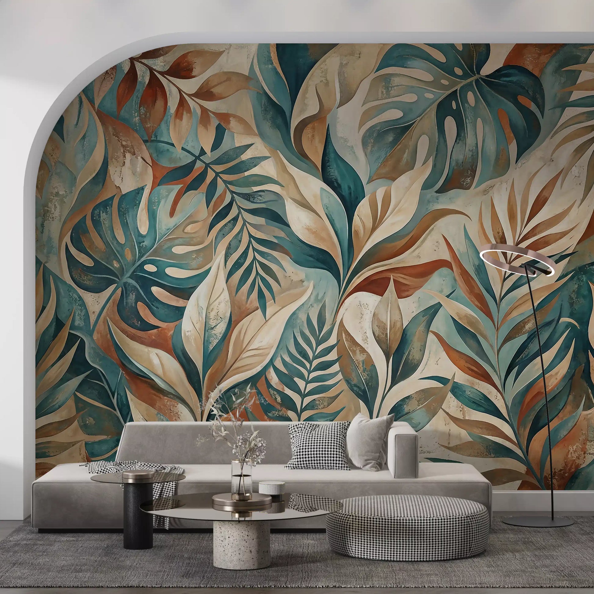 Teal blues and warm terracotta blending across Painterly Tropical Foliage wall mural