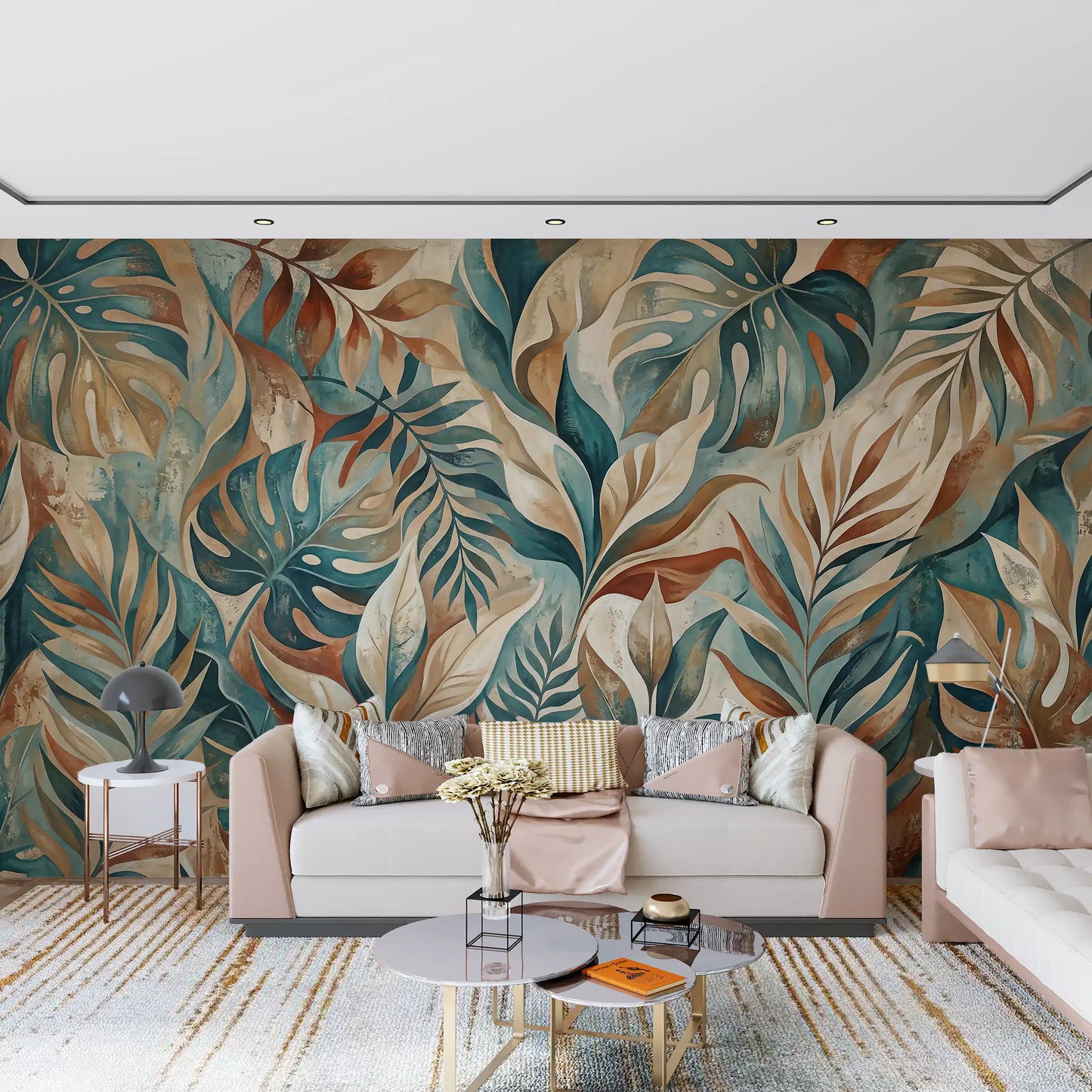 Loose foliage silhouettes layered over textured base of tropical wall mural