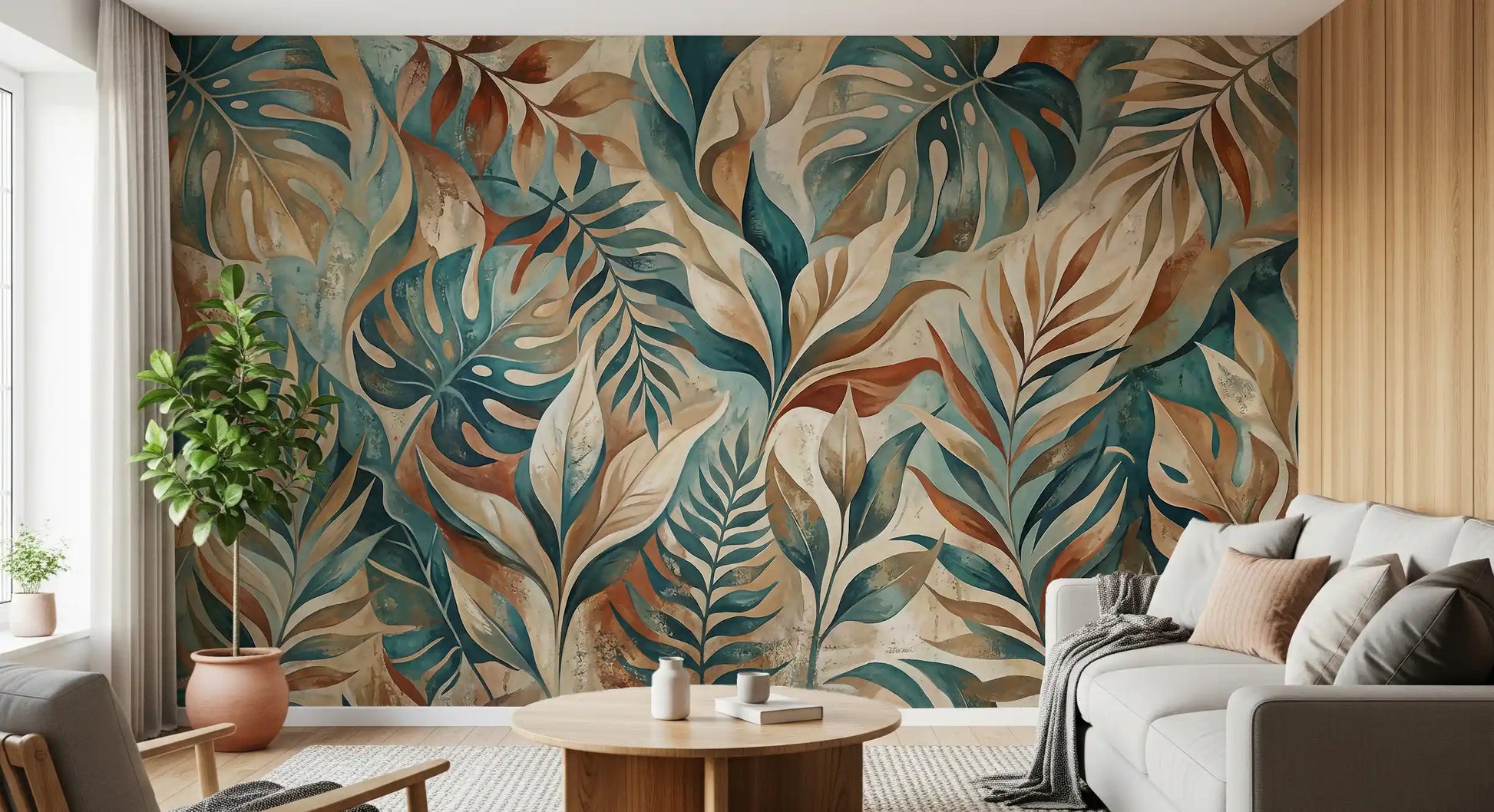 living room scene with bold painterly tropical leaf wall mural
