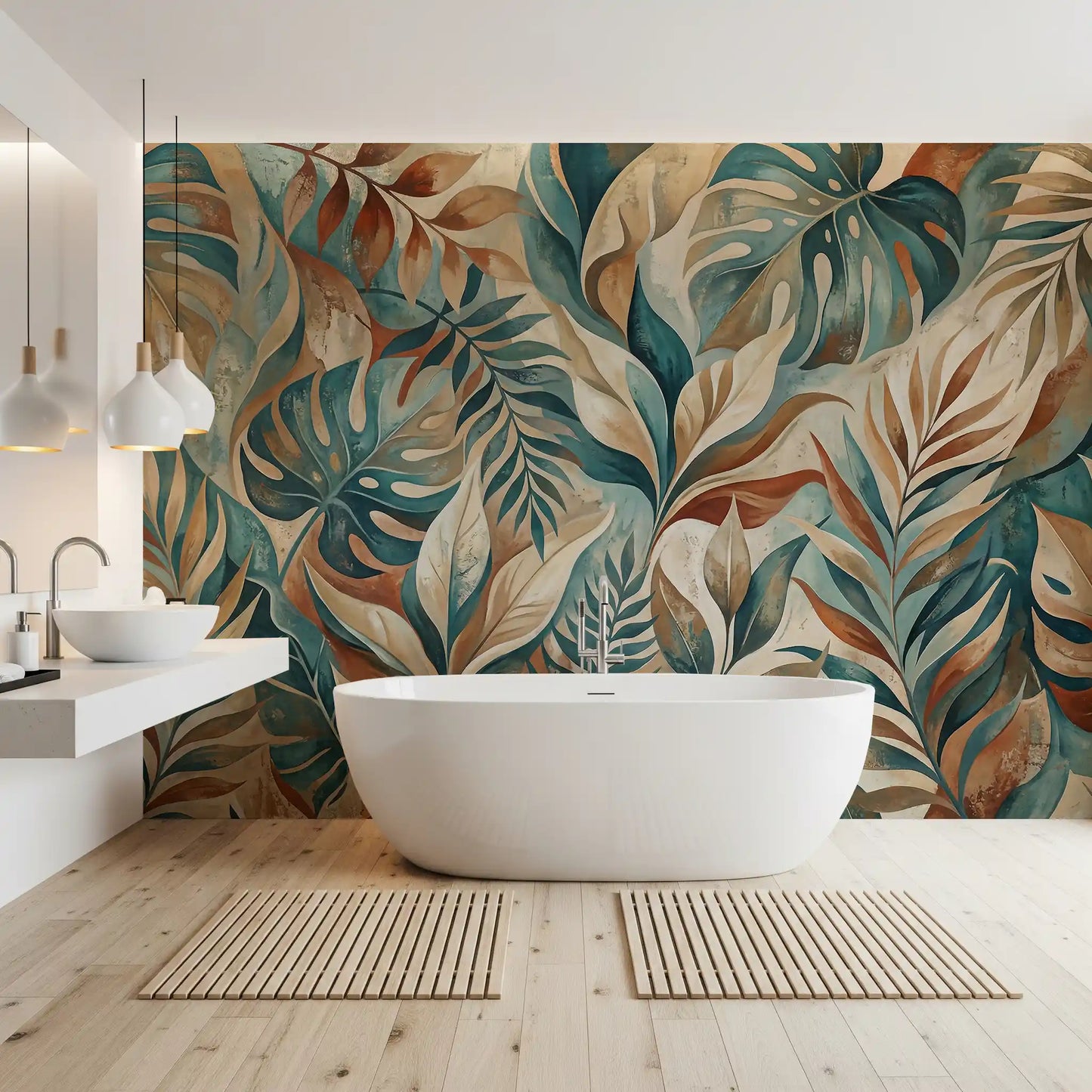 Modern bathroom glowing beside Painterly Tropical Foliage wall mural