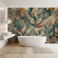 Modern bathroom glowing beside Painterly Tropical Foliage wall mural