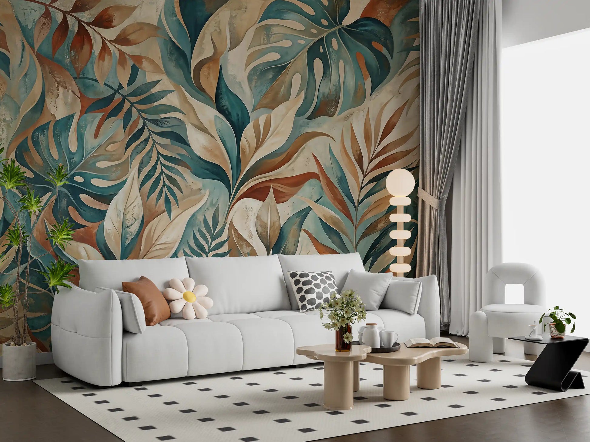 Cosy living room set against jungle-inspired painterly wall mural