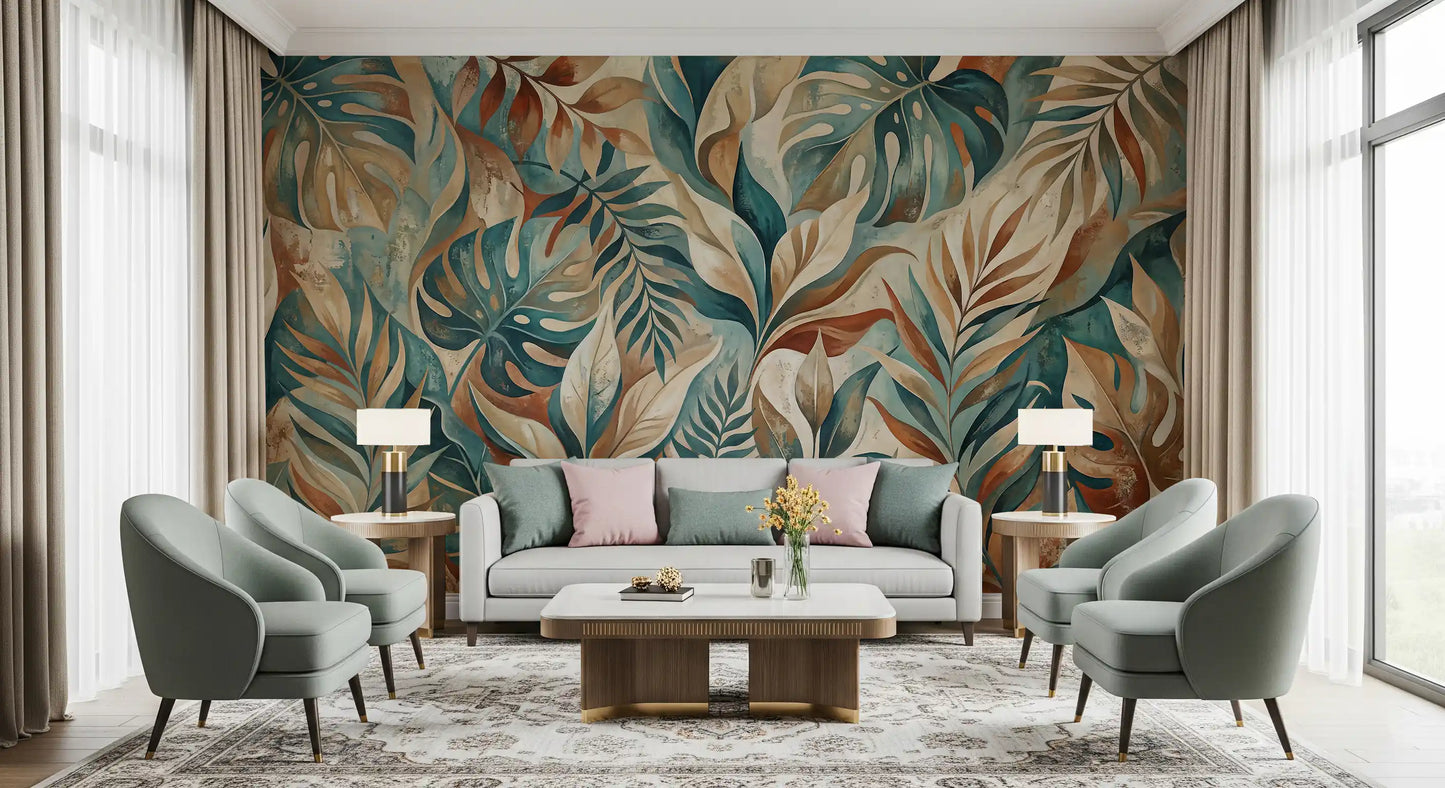 Aged plaster-style backdrop framing the painterly tropical leaf wall mural composition