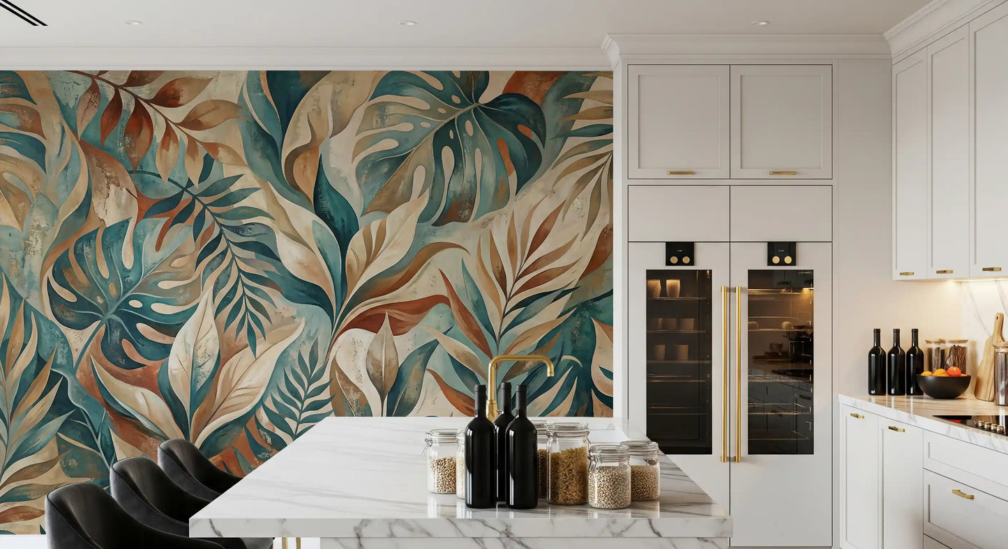 Painterly brushstrokes shaping oversized monstera leaves on tropical foliage wall mural