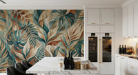 Painterly brushstrokes shaping oversized monstera leaves on tropical foliage wall mural