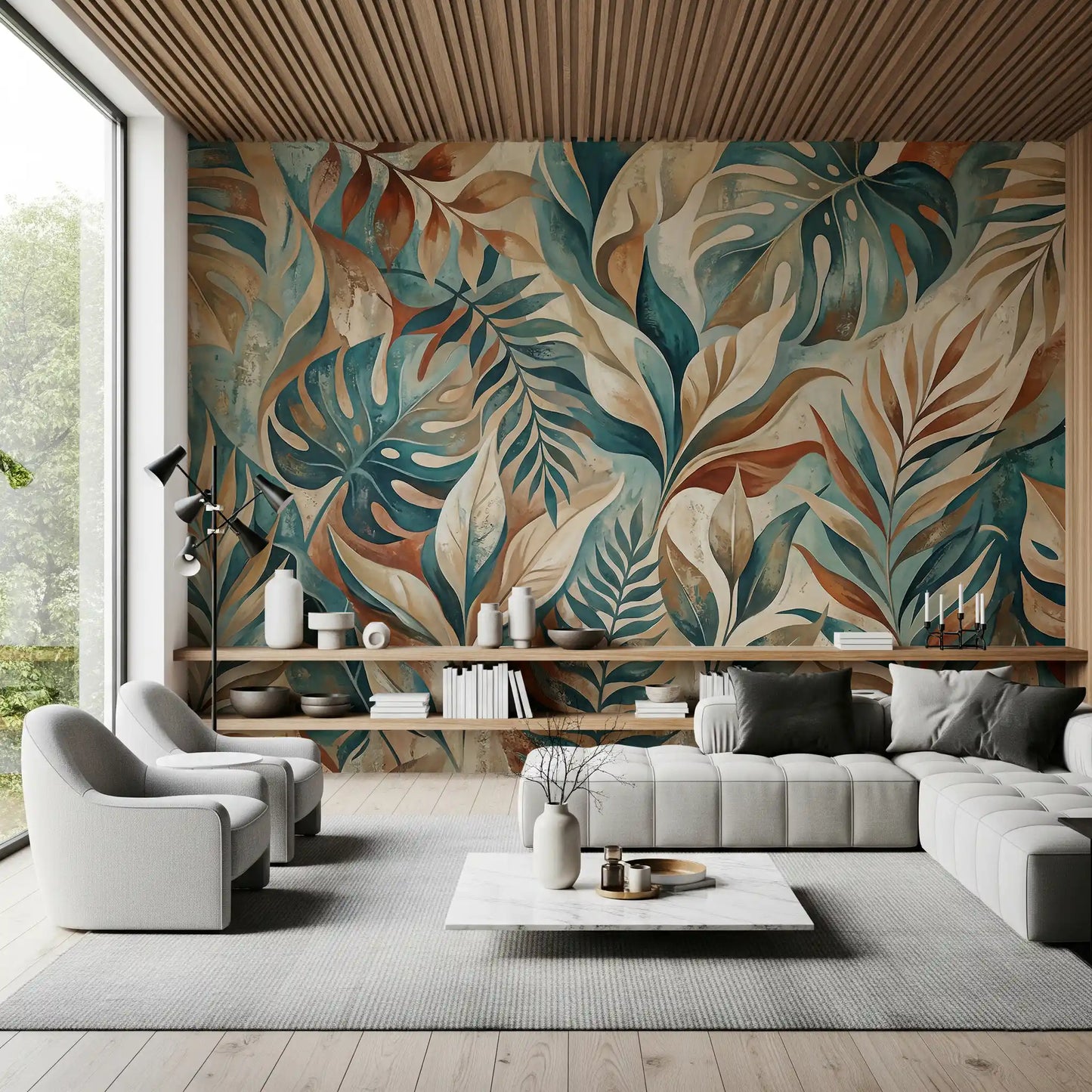 Quiet entryway hallway lined with earthy tropical foliage wall mural
