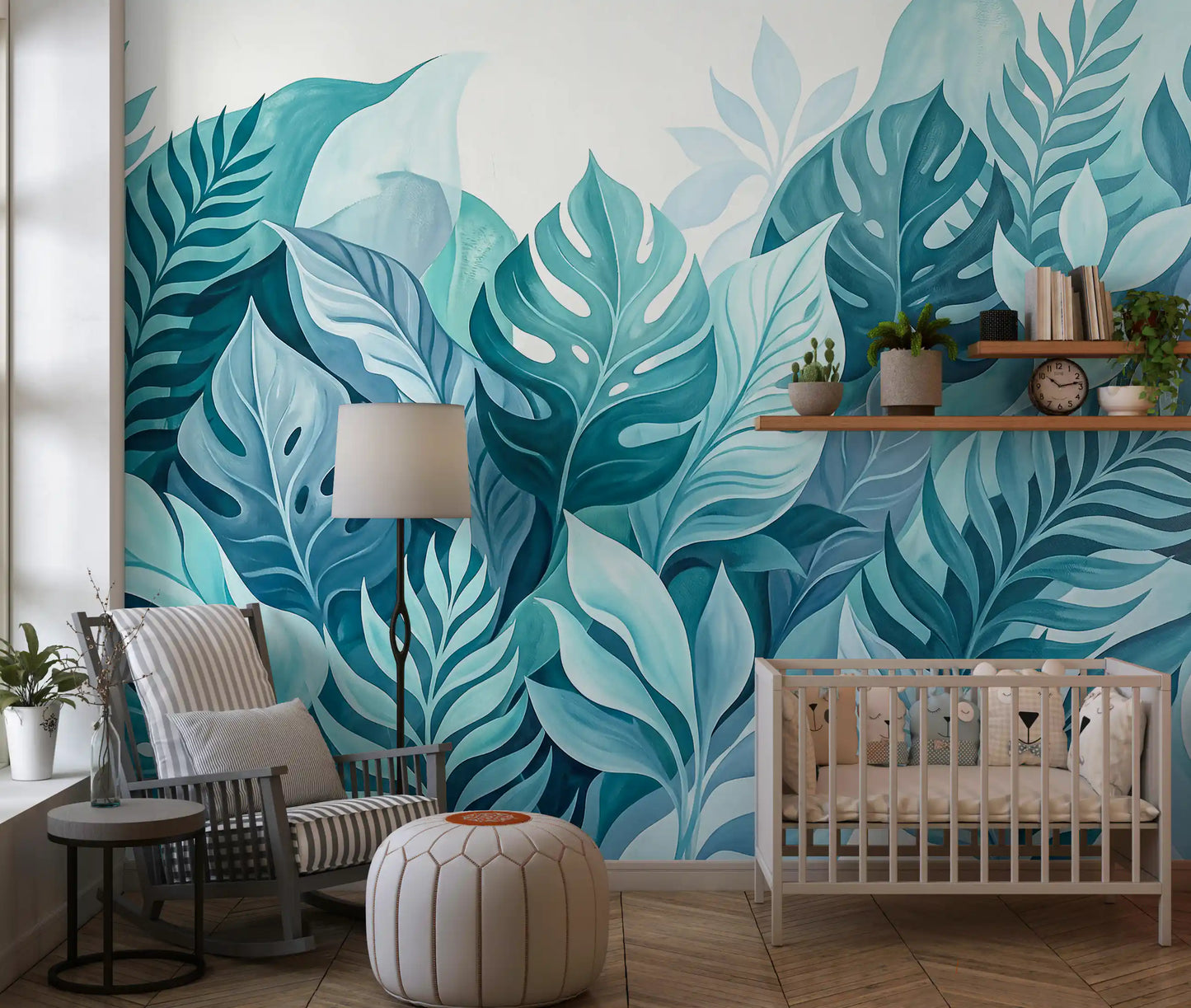 A calm kids' room comes alive with Aqua Botanical Oasis wall mural