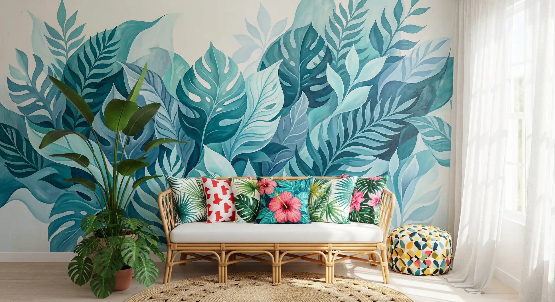 Aqua Botanical Oasis wall mural sets a fresh mood in a living room