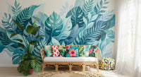 Aqua Botanical Oasis wall mural sets a fresh mood in a living room