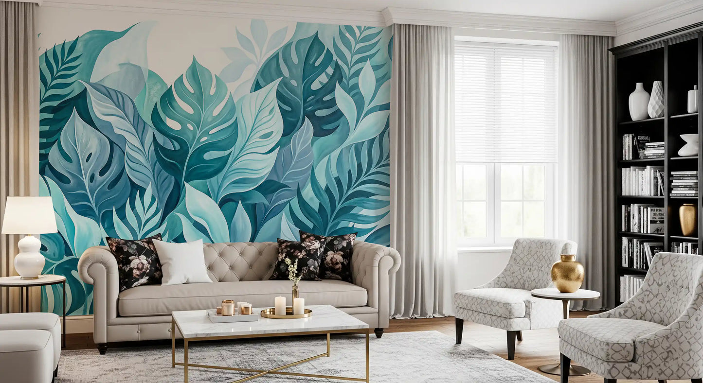Calm tones of aqua, mint and teal define the Aqua Botanical Oasis wall mural