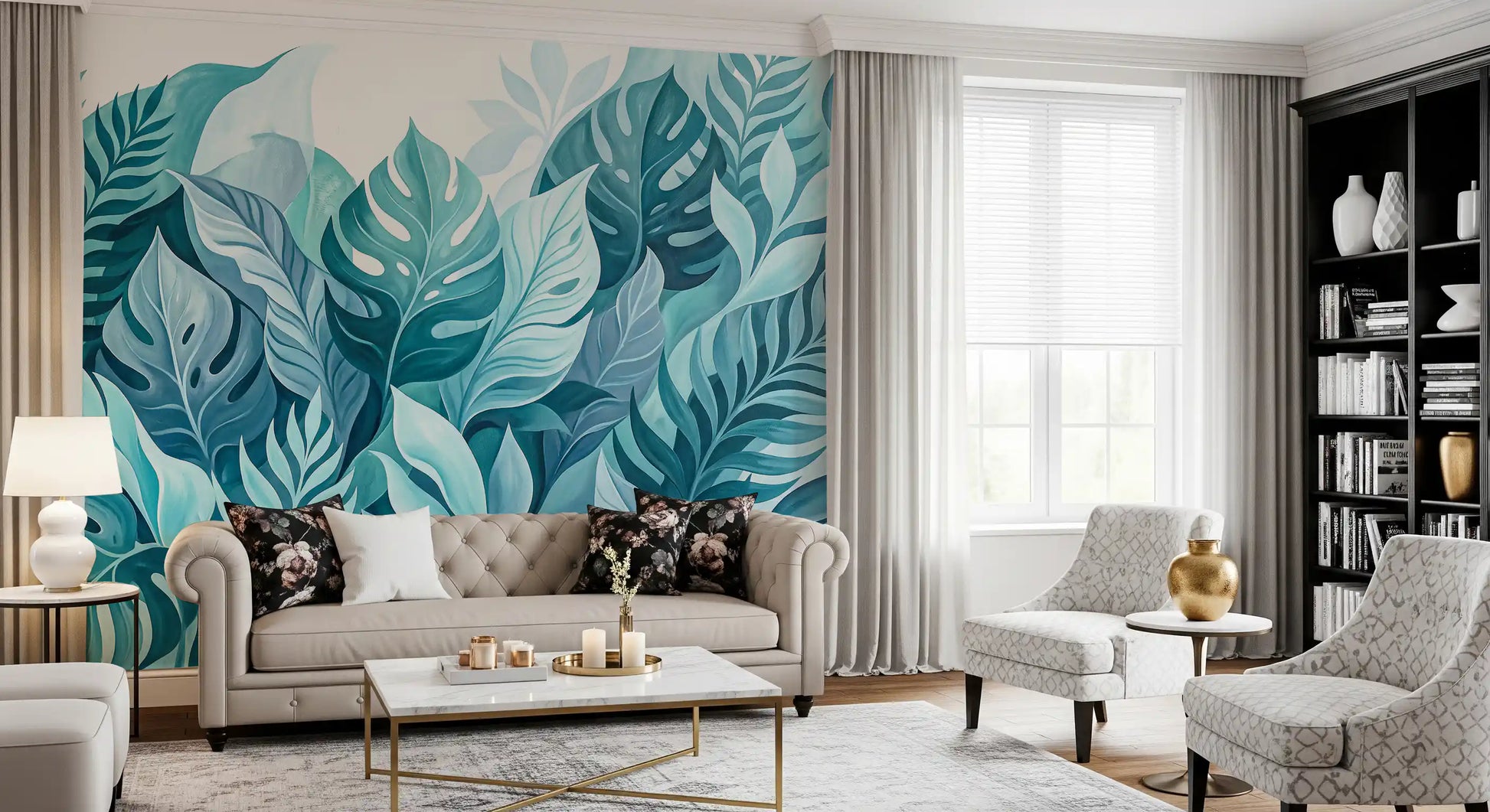Calm tones of aqua, mint and teal define the Aqua Botanical Oasis wall mural