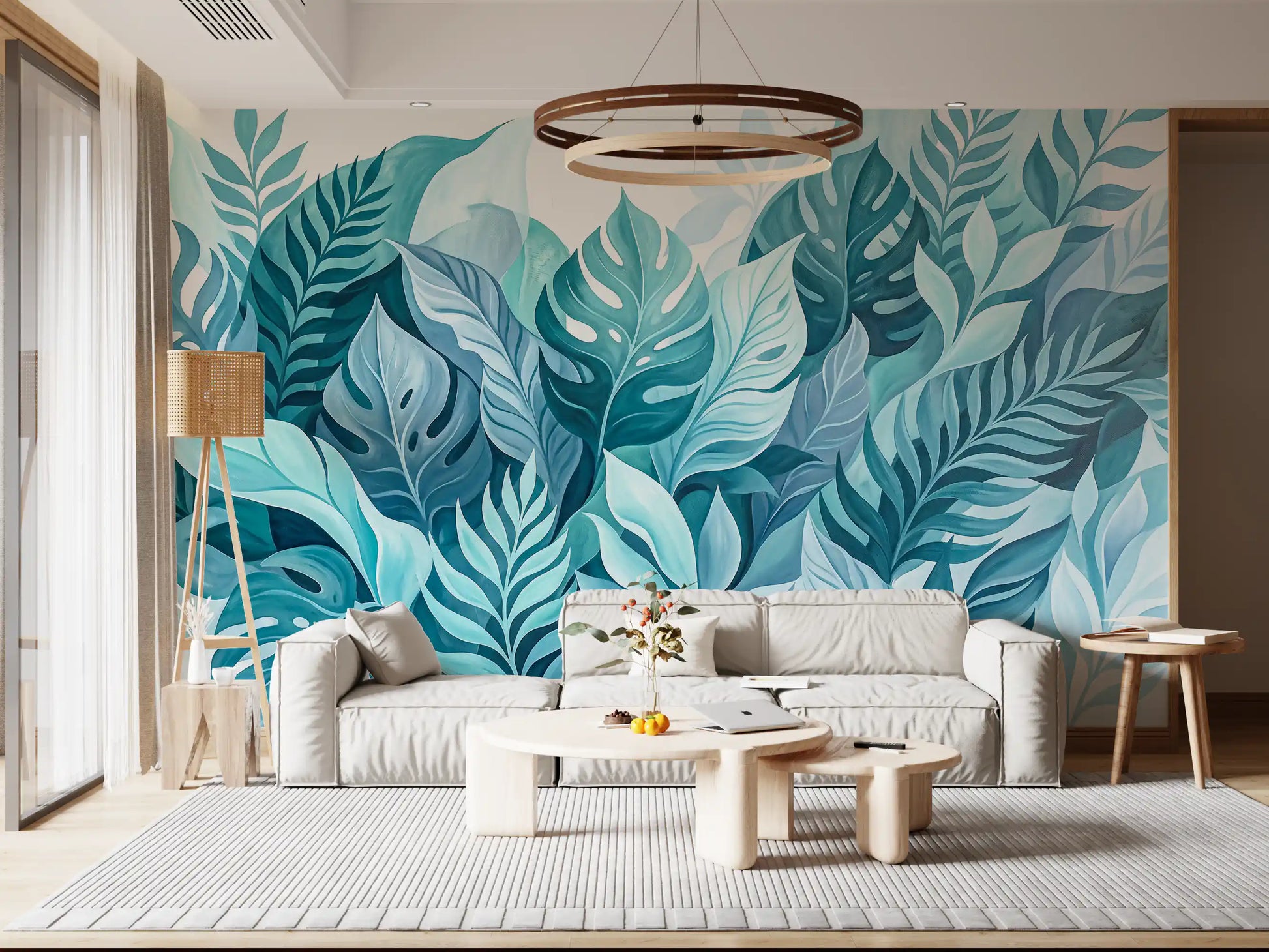 Cool aqua and teal washes flow into a lounge with Botanical Oasis wall mural