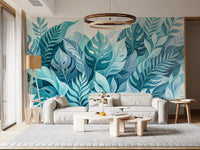 Cool aqua and teal washes flow into a lounge with Botanical Oasis wall mural