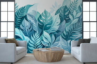 Aqua Botanical Oasis wall mural featuring monstera, ferns and tropical leaves