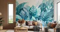 Painted leaves trail a hallway with Aqua Botanical Oasis wall mural