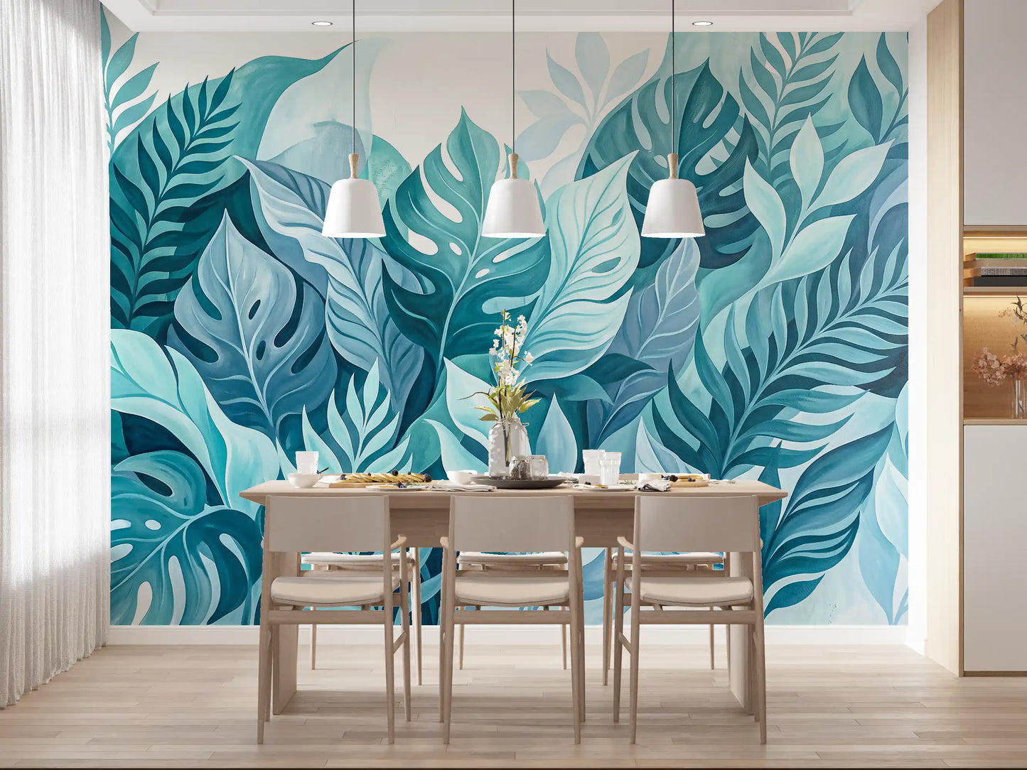 Cool teal and turquoise washes layer across the Aqua Botanical Oasis wall mural