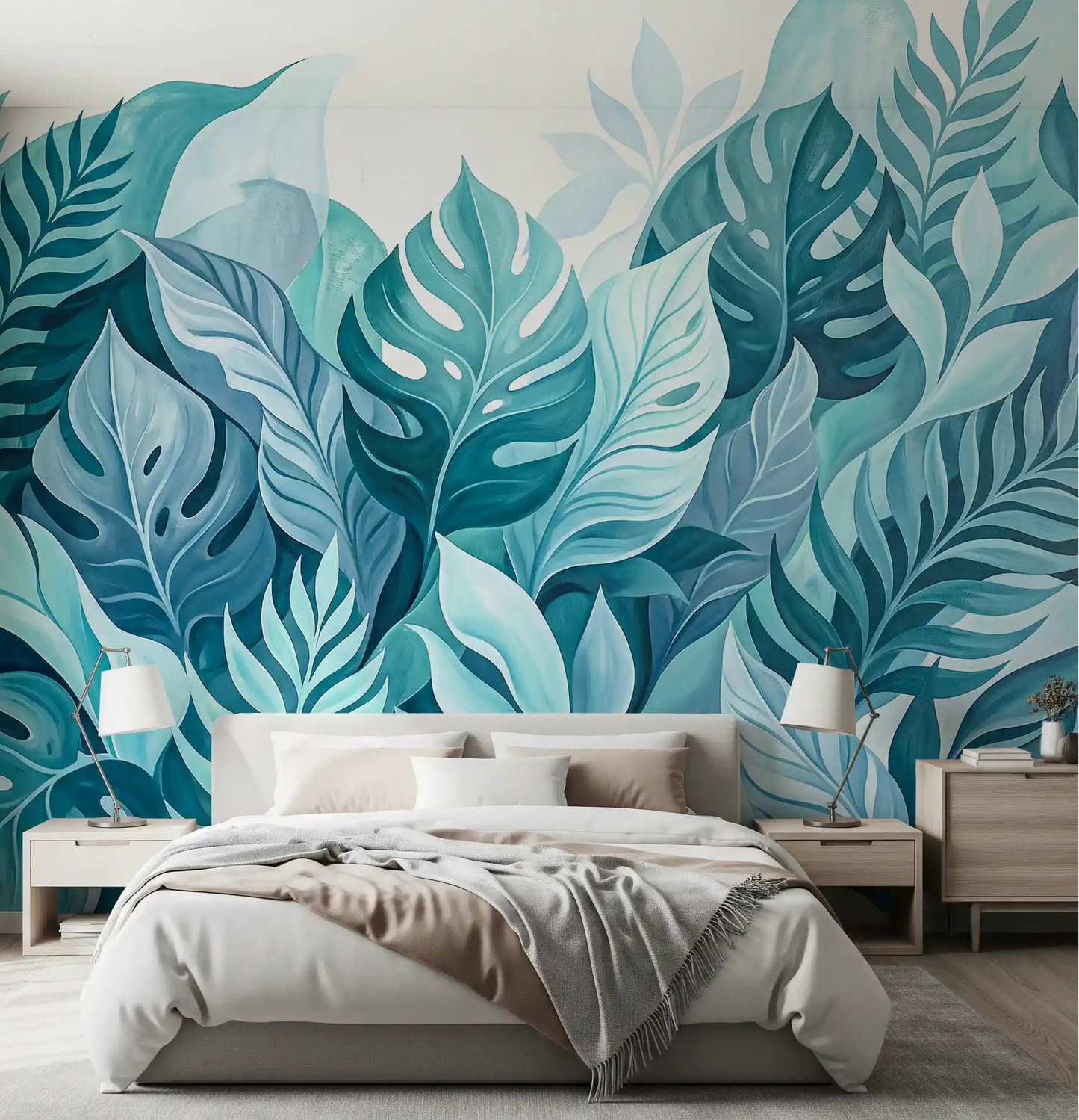 Bedroom paired with Aqua Botanical Oasis wall mural in calm teal tones