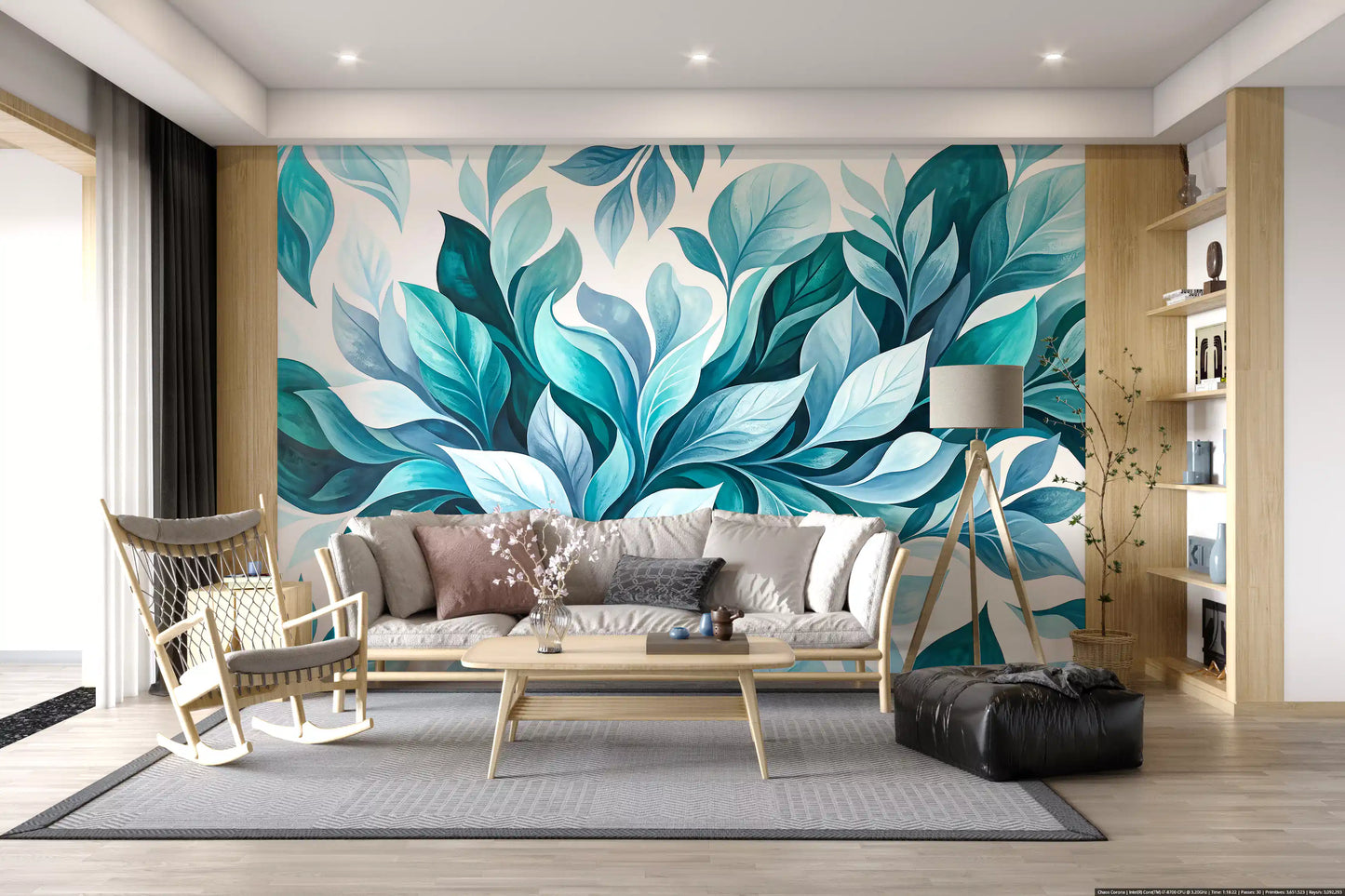 Sunlit lounge dressed in soft blue and emerald leaf wall mural