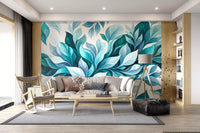 Sunlit lounge dressed in soft blue and emerald leaf wall mural