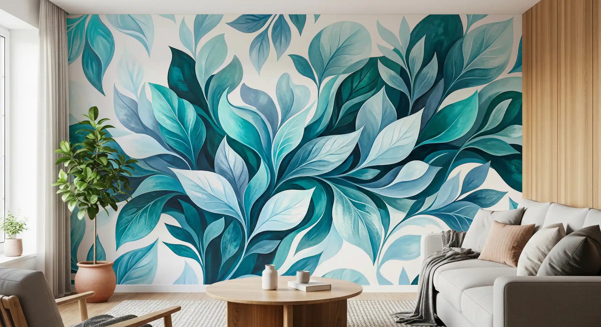 Watercolour leaf composition flowing across teal foliage wall mural