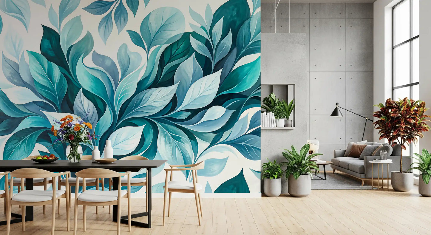 Soft blue and deep emerald leaves sweeping through teal foliage wall mural