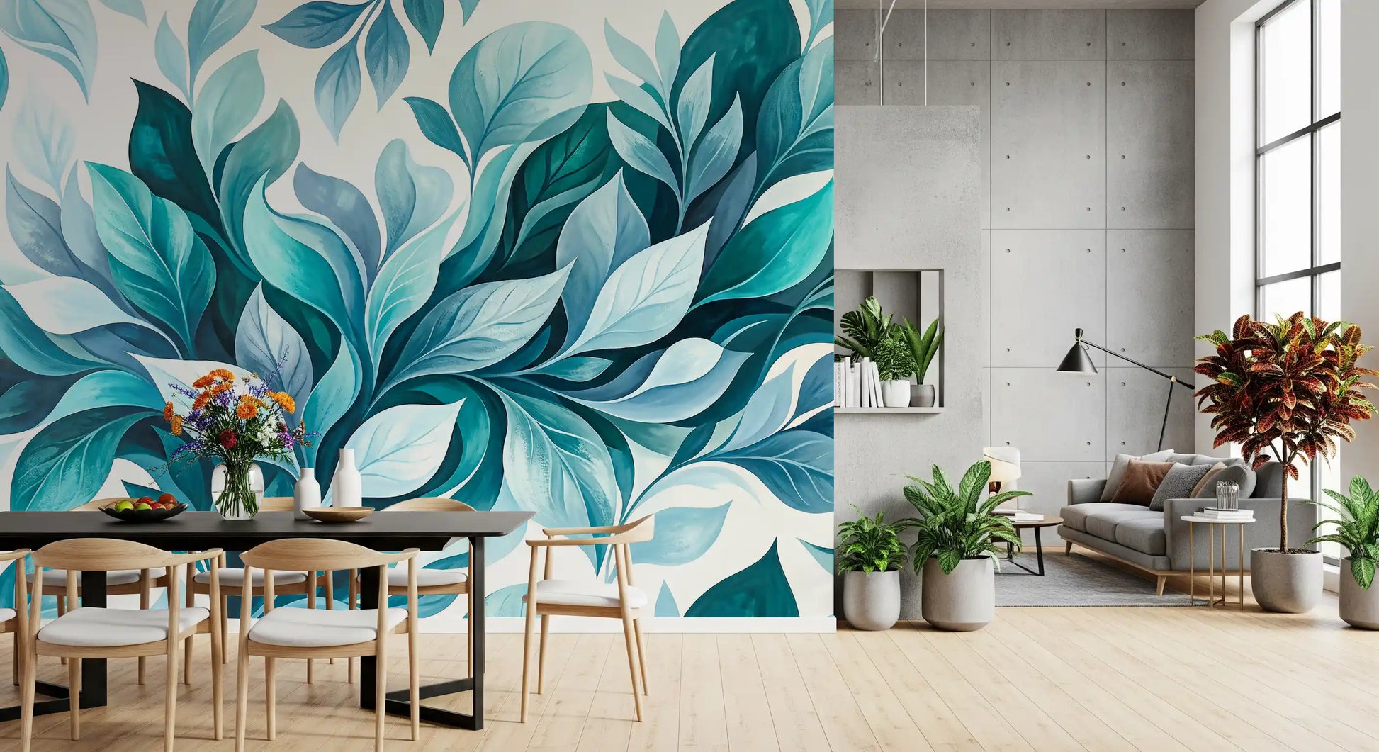 Soft blue and deep emerald leaves sweeping through teal foliage wall mural