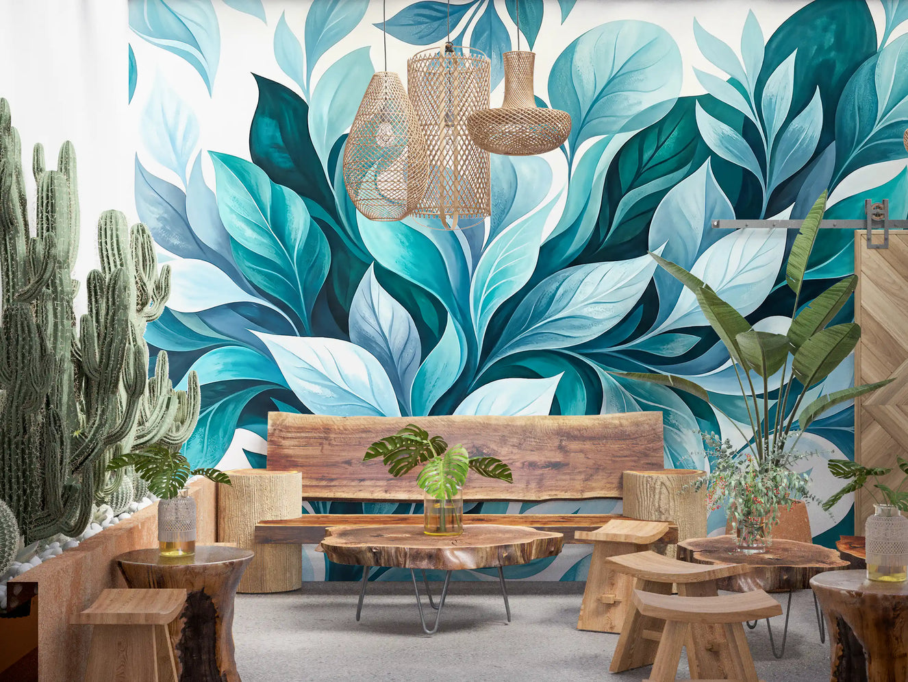 Teal Foliage Flow Wall Mural