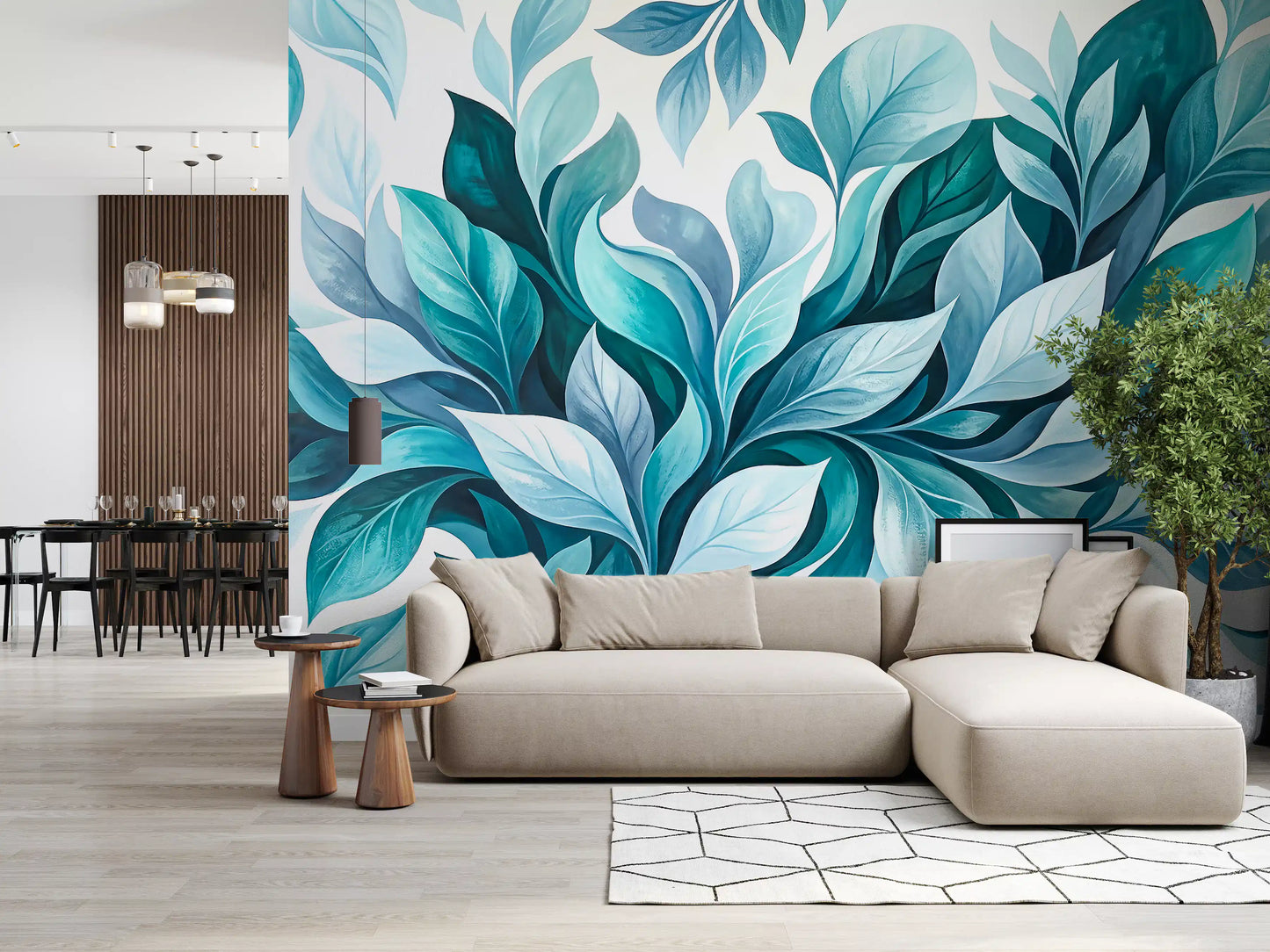 Bright Living room paired with brushed teal foliage wall mural