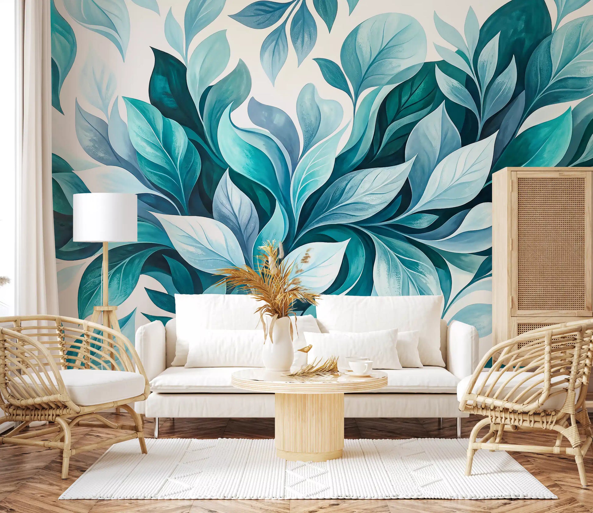 Modern living room finished with layered teal and blue leaf wall mural