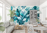 Close pattern view of teal foliage with shaded veins on ivory wall mural