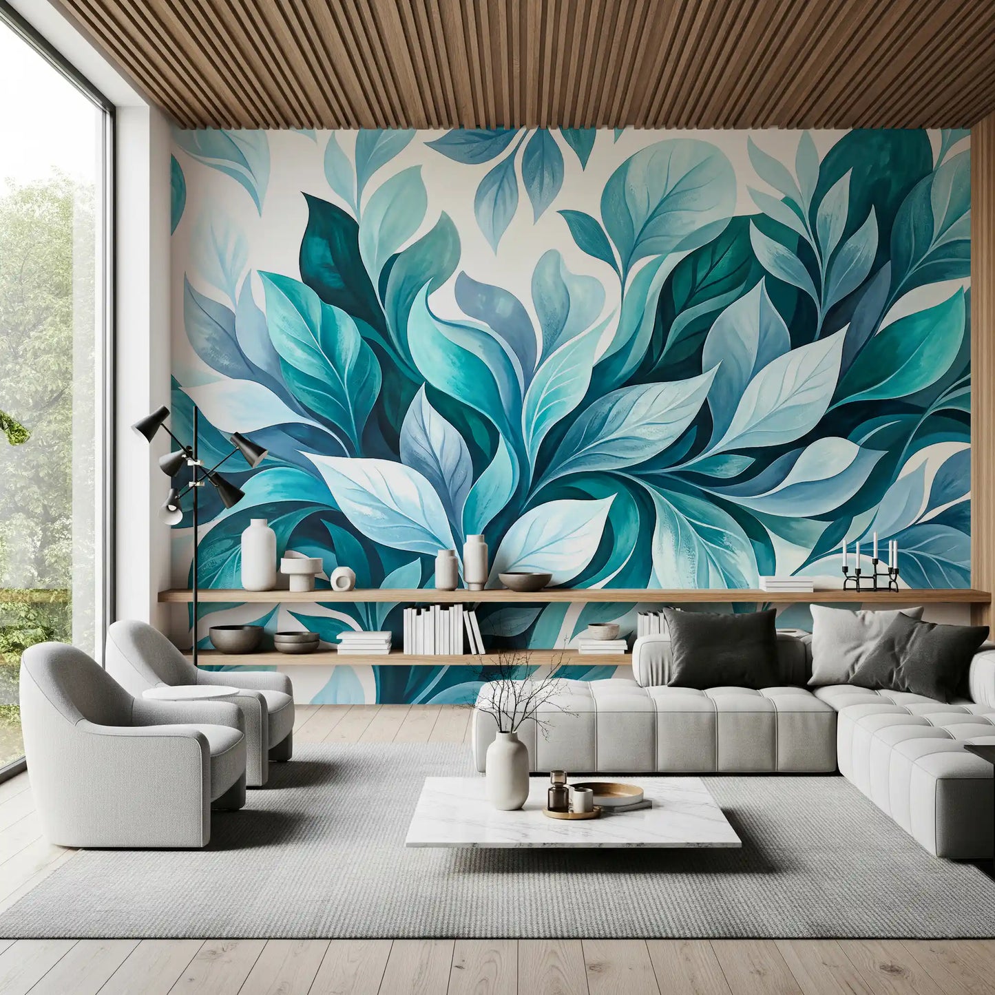 Brushed teal and emerald leaves layered across foliage flow wall mural