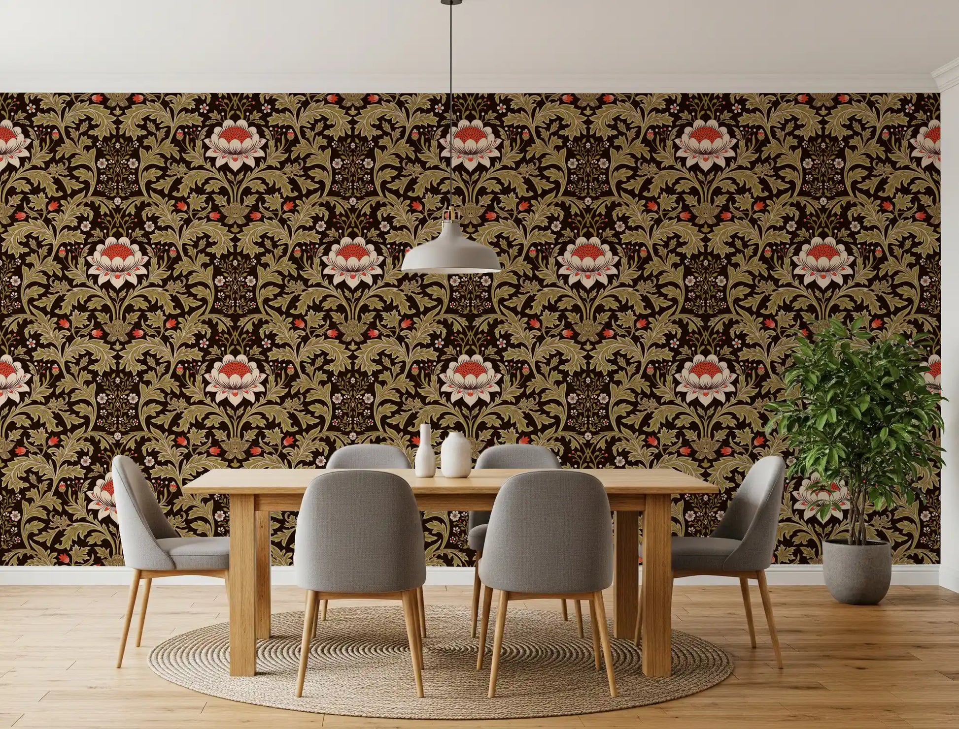 Diining room area styled with Vintage Botanical Tapestry wallpaper in olive greens