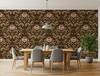 Diining room area styled with Vintage Botanical Tapestry wallpaper in olive greens