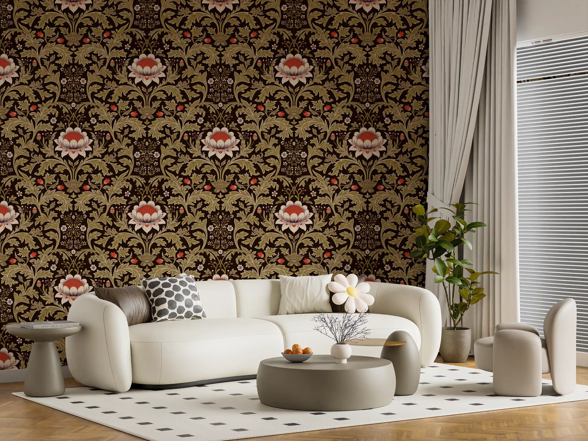 Scrolling olive vines framing ivory blooms on Botanical Tapestry wallpaper