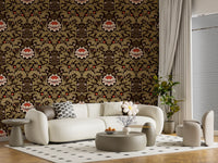 Scrolling olive vines framing ivory blooms on Botanical Tapestry wallpaper