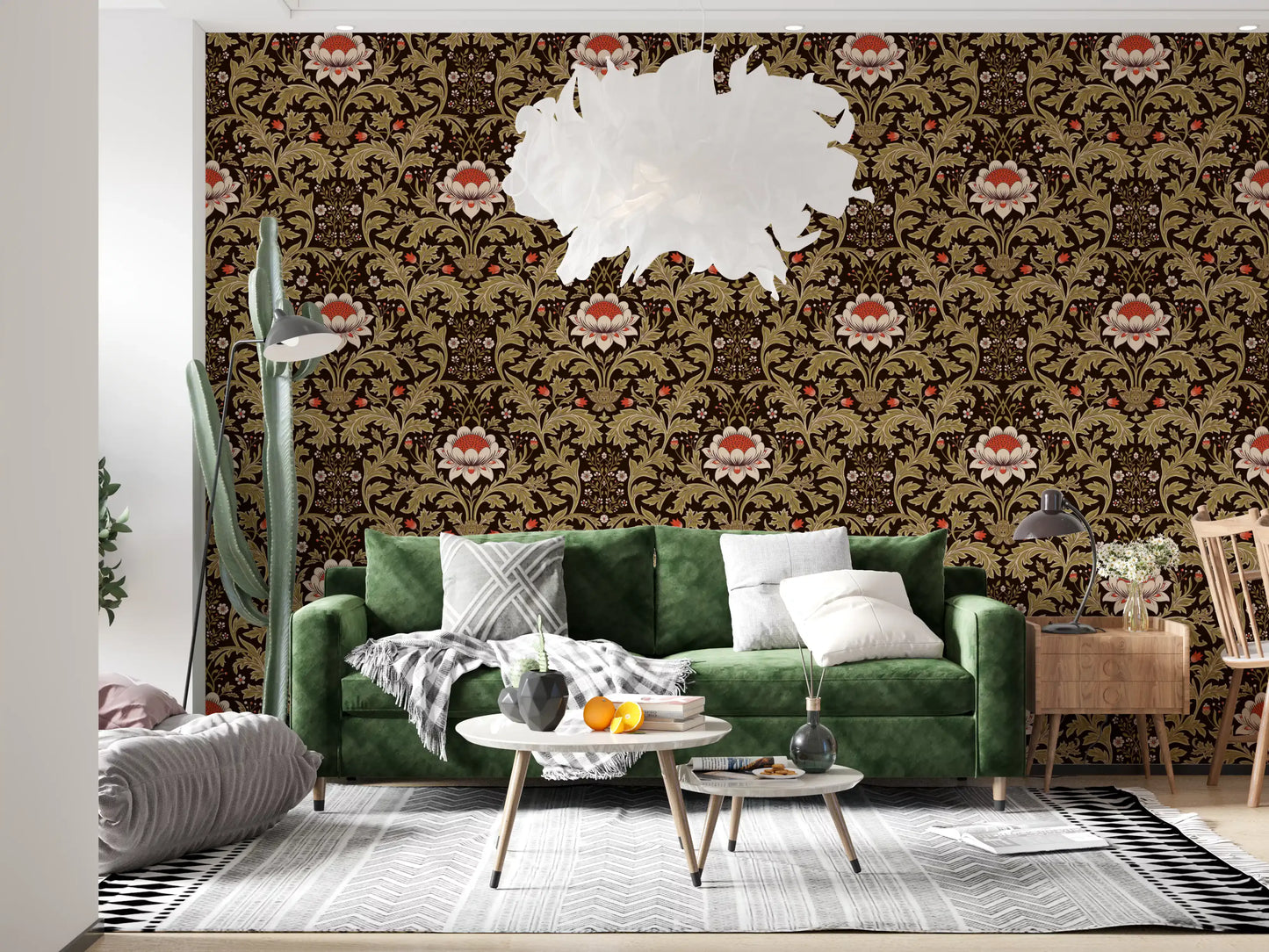 Cream blossoms with red centers on Botanical Tapestry brown wallpaper