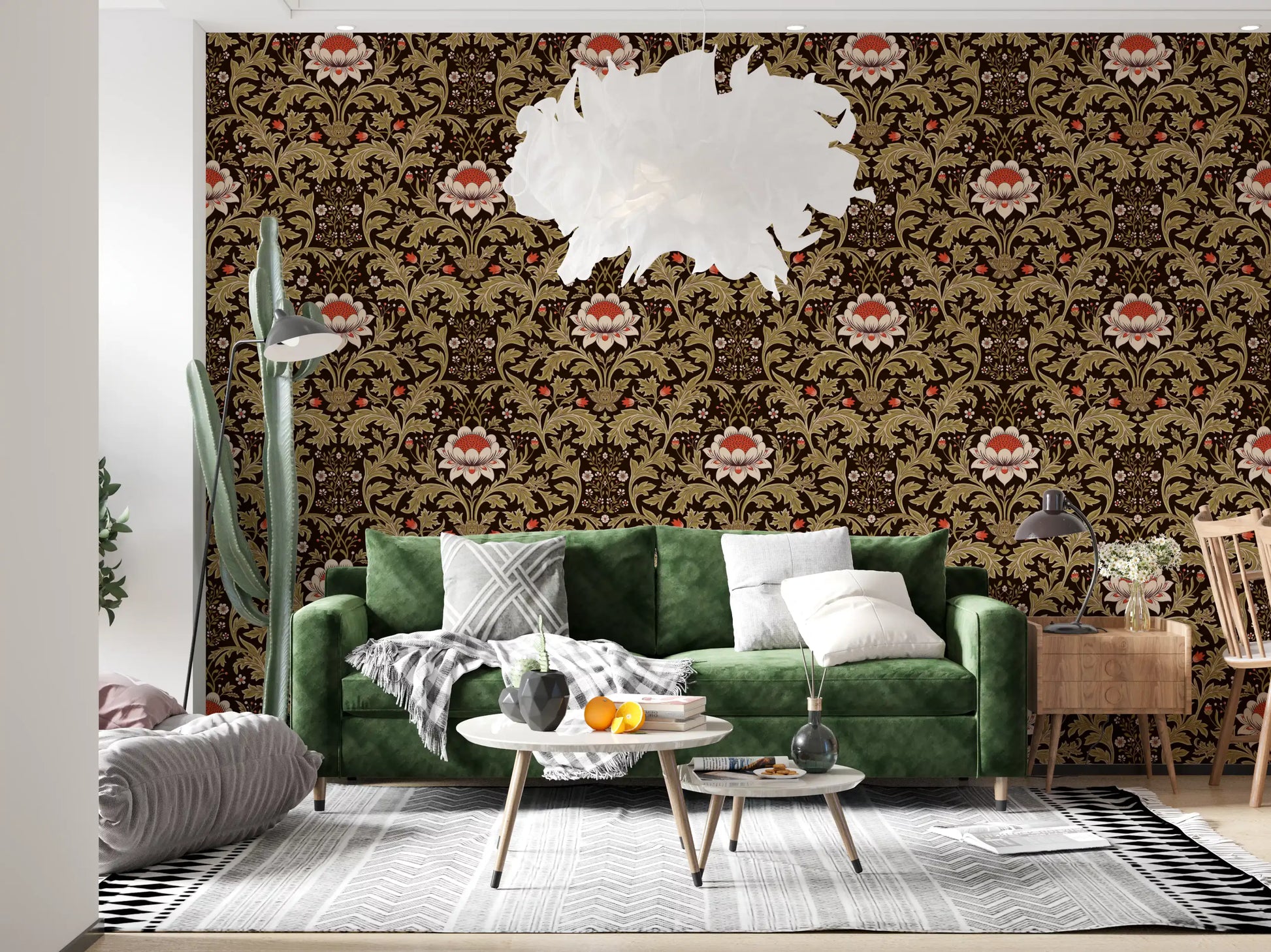 Cream blossoms with red centers on Botanical Tapestry brown wallpaper