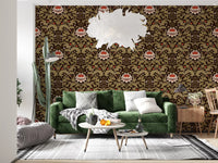 Cream blossoms with red centers on Botanical Tapestry brown wallpaper