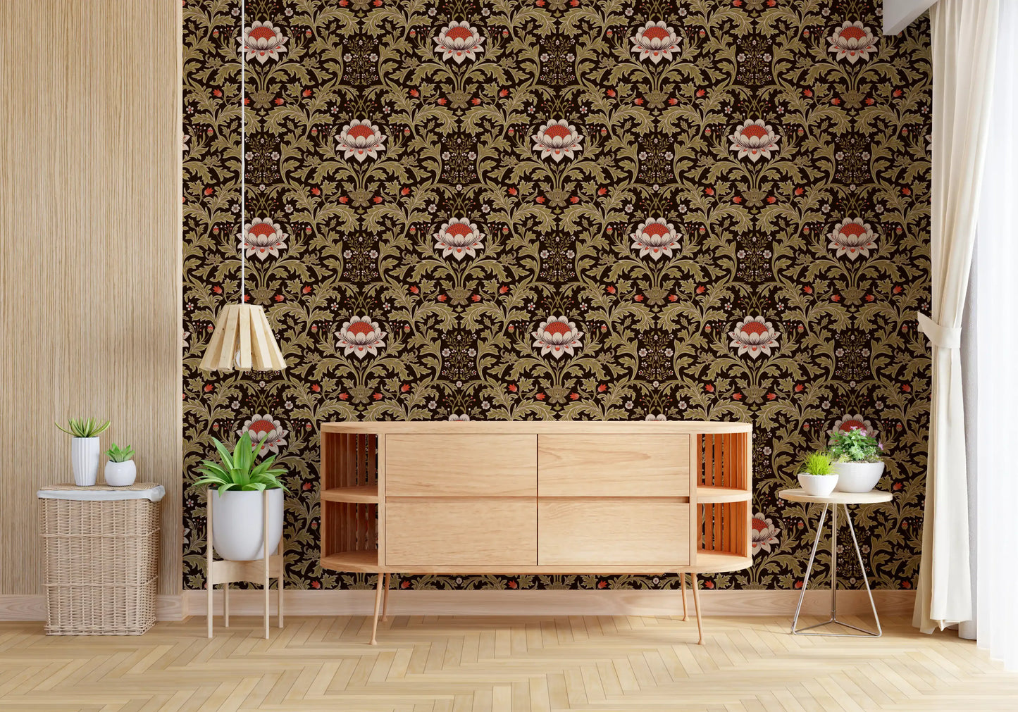 Hallway paired with Botanical Tapestry wallpaper in heritage brown tones
