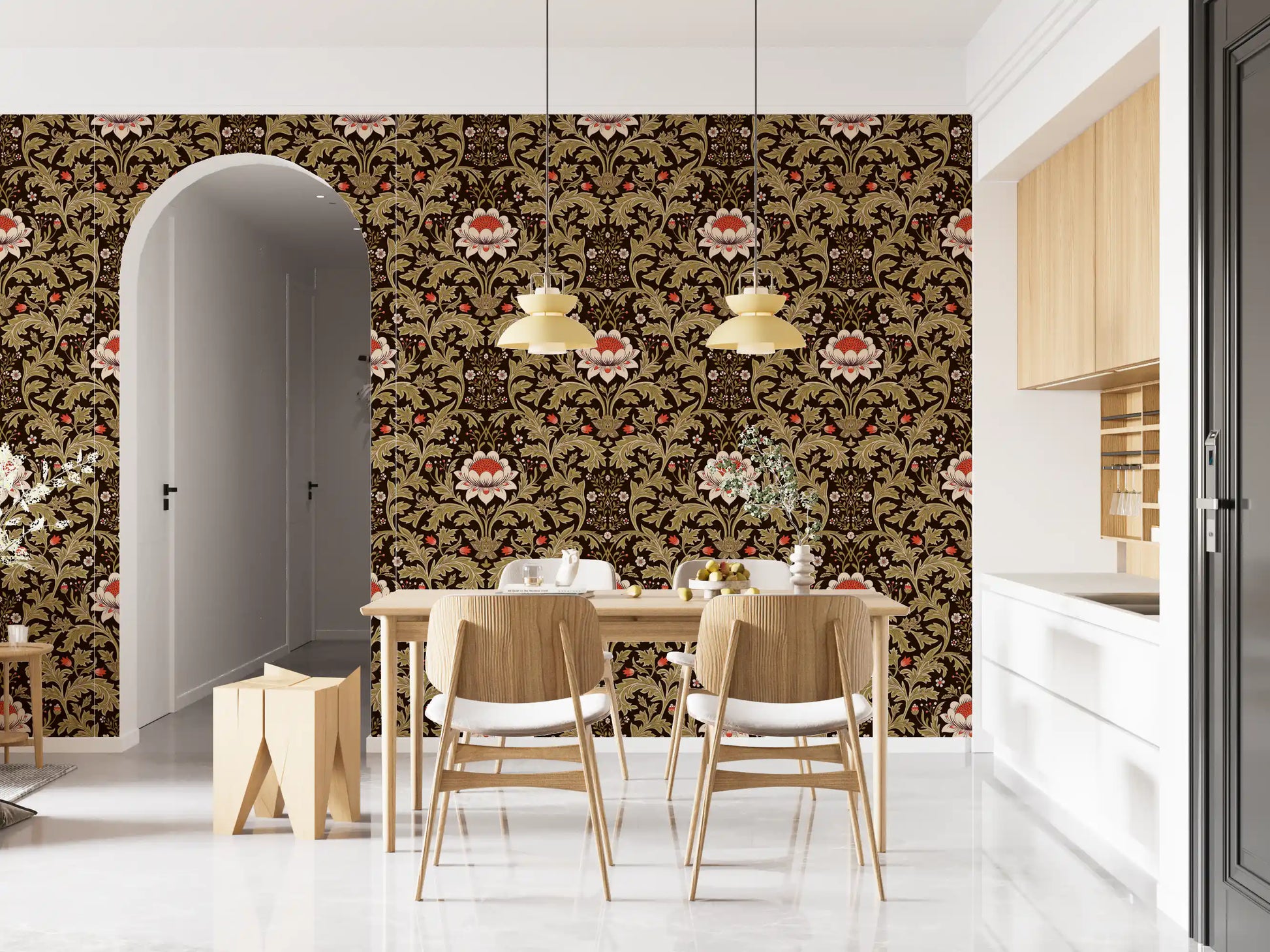 Detailed view of Arts and Crafts wallpaper showing red berries and daisy clusters