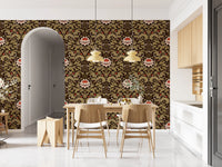 Detailed view of Arts and Crafts wallpaper showing red berries and daisy clusters