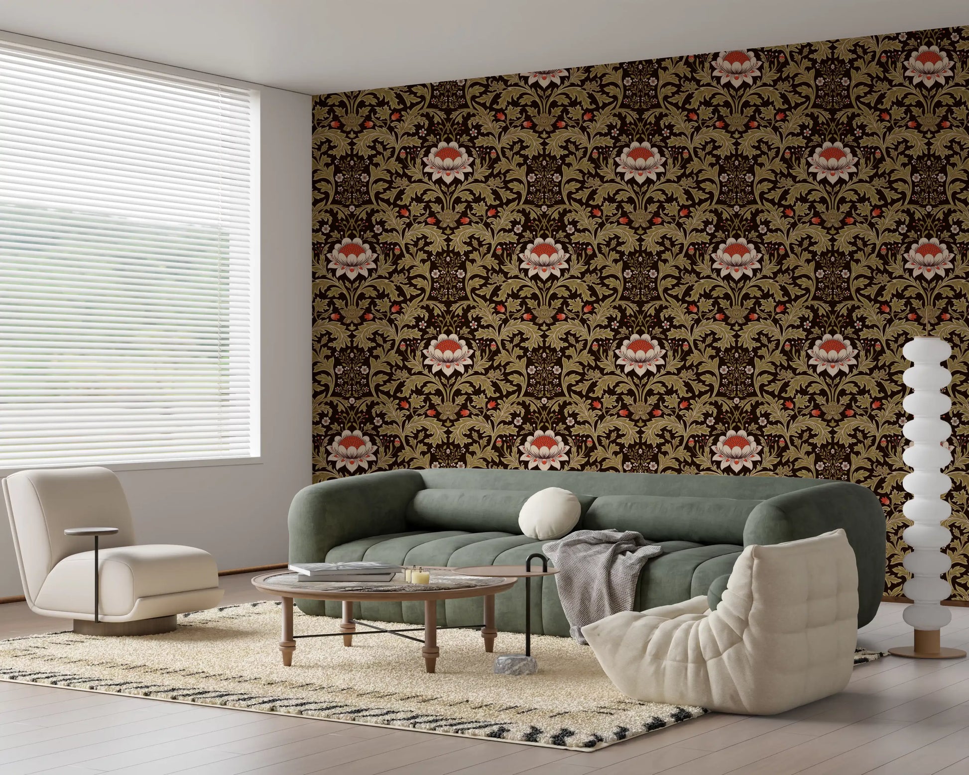 Living room backdrop showing Arts and Crafts wallpaper in rich brown and red accents