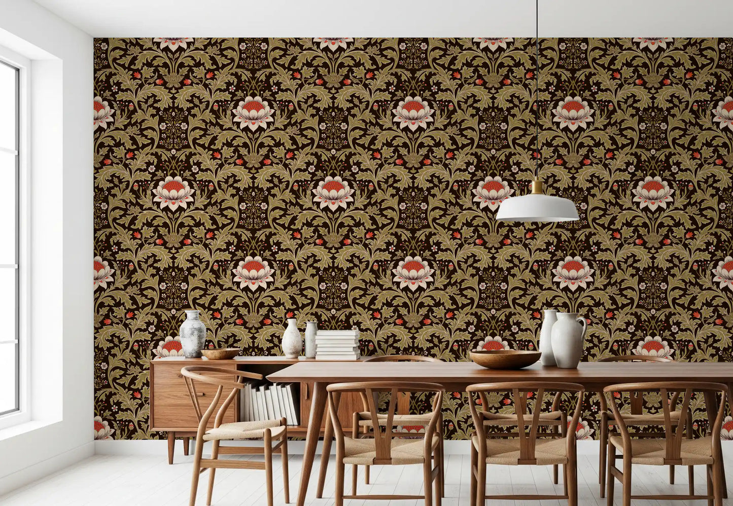 Dining room featuring Botanical Tapestry vintage wallpaper with cream blooms