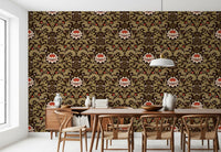 Dining room featuring Botanical Tapestry vintage wallpaper with cream blooms